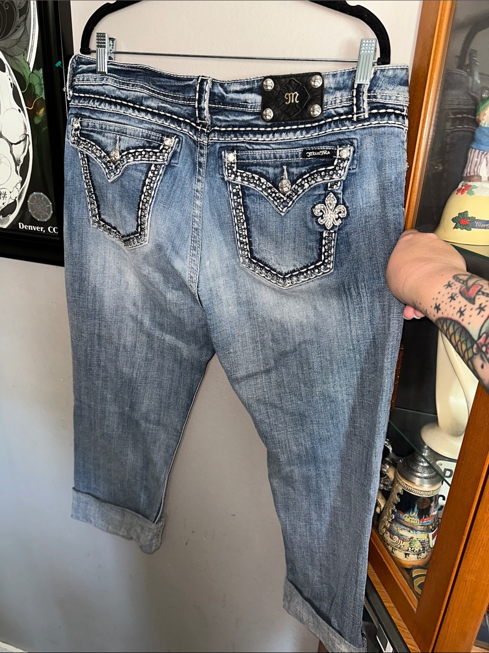 Miss Me Light Blue Rhinestone Fleur de Lis Pocket Jeans
